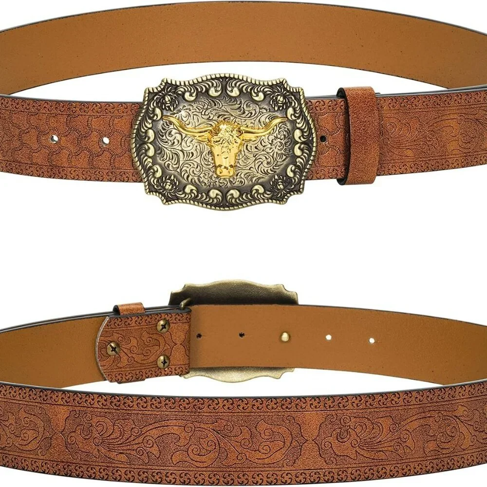 Western Cowboy Belts for Men Women - Bull Buckle Vintage Floral Engraved Belt fo - Picture 6 of 6
